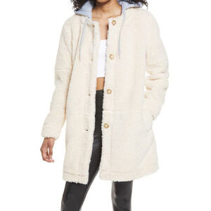 BP. NWT Hooded Tan Memoir Teddy Coat Jacket  Button Up Size XS gray removable